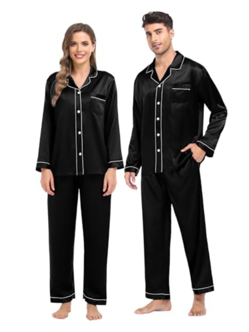 Satin Pajama Set Button-Down Long Sleeve Sleepwear Loungewear for Women Men